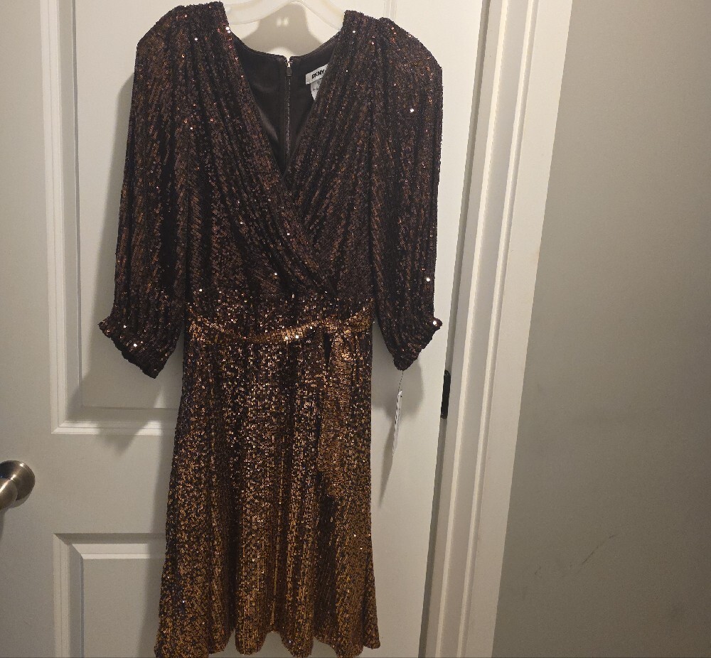 DKNY Two-Tone Bronze Sequin Wrap Midi Dress - Picture 3 of 16